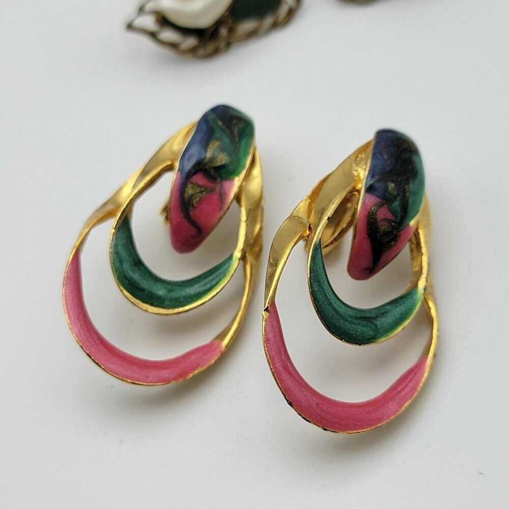 Vintage Clip On/Screw Back Earrings Lot Enamel Crystal Silver Gold Tone 8-Pair - Picture 5 of 10